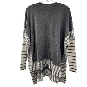 Wanna B Hi Low Sweater Mock Neck Striped Sleeve Gray/White Size S/M